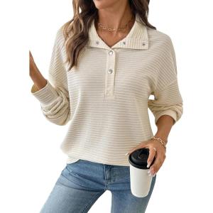 imageEVALESS Womens Oversized Sweatshirts Hoodies Casual V Neck Button Up Henley Collared Long Sleeve Shirts Pullover TopsWhite
