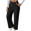 imageEVALESS Womens Wide Leg Work Pants Straight Elastic High Waisted Double Button Trousers Business Casual Pants with PocketsBlack