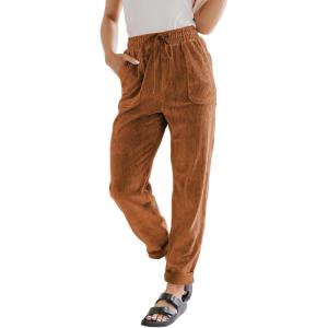 imageEVALESS Corduroy Pants for Women Casual Drawstring Elastic High Waist Straight Leg Pants Loose Comfy Trousers with PocketsB Orange