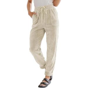imageEVALESS Corduroy Pants for Women Casual Drawstring Elastic High Waist Straight Leg Pants Loose Comfy Trousers with PocketsB White