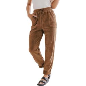 imageEVALESS Corduroy Pants for Women Casual Drawstring Elastic High Waist Straight Leg Pants Loose Comfy Trousers with PocketsB3 Khaki