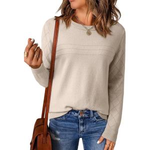 imageEVALESS Fall Sweaters for Women 2025 Fashion Long Sleeve Crewneck Knit Pullover Tops Teacher Outfits Winter ClothesBeige
