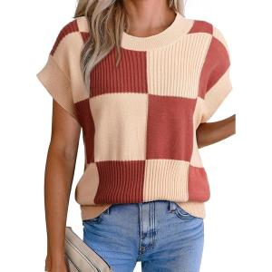 imageEVALESS Short Sleeve Sweater for Women Crewneck Color Block Knit Tops 2025 Fall Trendy Cap Sleeve Sweater VestRed Clay