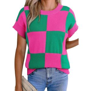 imageEVALESS Short Sleeve Sweater for Women Crewneck Color Block Knit Tops 2025 Fall Trendy Cap Sleeve Sweater VestRose Red