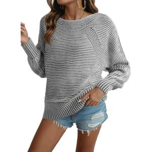 imageEVALESS Striped Sweaters for Women Boat Neck Batwing Sleeve Oversized Pullover Sweater Tops Womens Fall Clothes OutfitsCarbon Grey