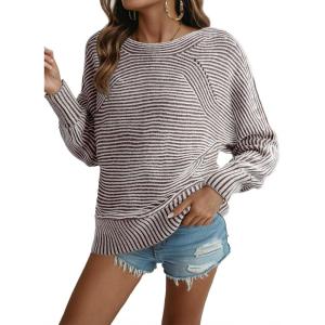 imageEVALESS Striped Sweaters for Women Boat Neck Batwing Sleeve Oversized Pullover Sweater Tops Womens Fall Clothes OutfitsCoffee