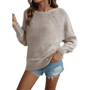 imageEVALESS Striped Sweaters for Women Boat Neck Batwing Sleeve Oversized Pullover Sweater Tops Womens Fall Clothes OutfitsLight French Beige