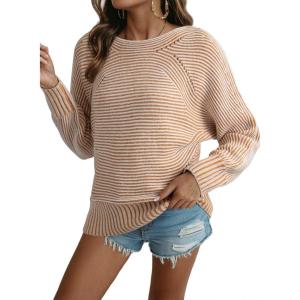 imageEVALESS Striped Sweaters for Women Boat Neck Batwing Sleeve Oversized Pullover Sweater Tops Womens Fall Clothes OutfitsPale Khaki