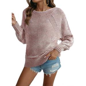 imageEVALESS Striped Sweaters for Women Boat Neck Batwing Sleeve Oversized Pullover Sweater Tops Womens Fall Clothes OutfitsRed Dahlia