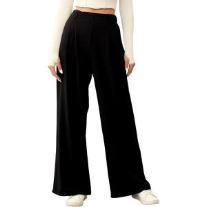 imageEVALESS Wide Leg Pants for Women Elastic High Waisted Waffle Knit Fleece Lined Palazzo Pants Work Trousers with PocketsBlack