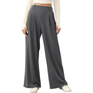 imageEVALESS Wide Leg Pants for Women Elastic High Waisted Waffle Knit Fleece Lined Palazzo Pants Work Trousers with PocketsDark Grey