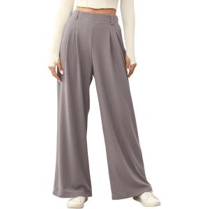 imageEVALESS Wide Leg Pants for Women Elastic High Waisted Waffle Knit Fleece Lined Palazzo Pants Work Trousers with PocketsLight Grey