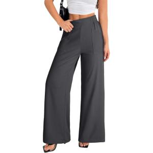 imageEVALESS Womens Baggy Wide Leg Pants Casual Elastic Waisted Palazzo Harem Pant with PocketsDark Grey