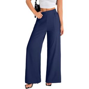 imageEVALESS Womens Baggy Wide Leg Pants Casual Elastic Waisted Palazzo Harem Pant with PocketsNavy Blue