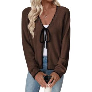 imageEVALESS Womens Cardigan Sweaters Trendy V Neck Long Sleeve Open Front Bow Tie Knit Chunky Lightweight Fall OuterwearCoffee