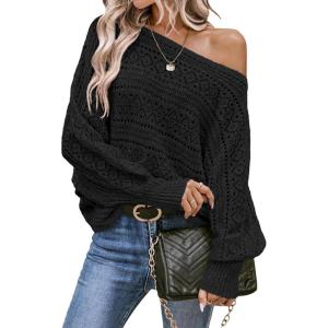 imageEVALESS Womens Crochet Boat Neck Long Sleeve Loose Fit Sweaters Fall Winter Clothes for Women Fashion 2025Black