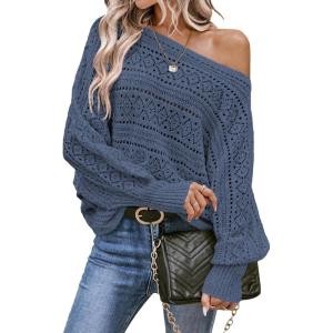 imageEVALESS Womens Crochet Boat Neck Long Sleeve Loose Fit Sweaters Fall Winter Clothes for Women Fashion 2025Blue