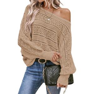 imageEVALESS Womens Crochet Boat Neck Long Sleeve Loose Fit Sweaters Fall Winter Clothes for Women Fashion 2025Khaki