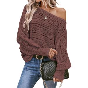 imageEVALESS Womens Crochet Boat Neck Long Sleeve Loose Fit Sweaters Fall Winter Clothes for Women Fashion 2025Red Dahlia