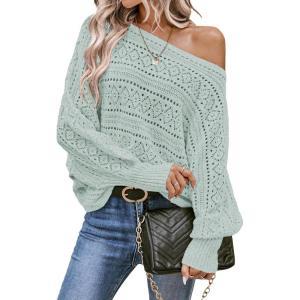 imageEVALESS Womens Crochet Boat Neck Long Sleeve Loose Fit Sweaters Fall Winter Clothes for Women Fashion 2025Smoke Green