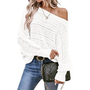 imageEVALESS Womens Crochet Boat Neck Long Sleeve Loose Fit Sweaters Fall Winter Clothes for Women Fashion 2025White