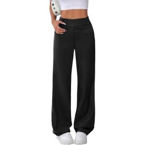 imageEVALESS Womens Elastic High Waist Straight Leg Pants Business Casual Work Pants Fall Button Down Office Outfits TrousersBlack