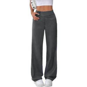 imageEVALESS Womens Elastic High Waist Straight Leg Pants Business Casual Work Pants Fall Button Down Office Outfits TrousersDark Grey