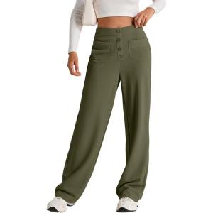 imageEVALESS Womens High Waist Button Stretchy Work Pants Straight Leg Office Dress Pant Business Casual Trousers with PocketGreen