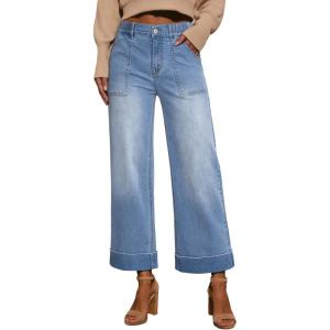 imageEVALESS Womens High Waist Wide Leg Jeans Trendy Cropped Denim Pants Solid Ankle Length Stretchy Jeans with PocketsBeau Blue