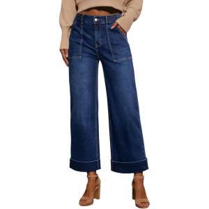 imageEVALESS Womens High Waist Wide Leg Jeans Trendy Cropped Denim Pants Solid Ankle Length Stretchy Jeans with PocketsDirty Blue