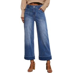 imageEVALESS Womens High Waist Wide Leg Jeans Trendy Cropped Denim Pants Solid Ankle Length Stretchy Jeans with PocketsSail Blue