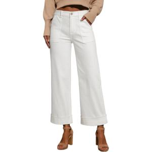 imageEVALESS Womens High Waist Wide Leg Jeans Trendy Cropped Denim Pants Solid Ankle Length Stretchy Jeans with PocketsWhite