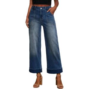 imageEVALESS Womens High Waist Wide Leg Jeans Trendy Cropped Denim Pants Solid Ankle Length Stretchy Jeans with PocketsZ Real Teal