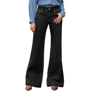 imageEVALESS Womens Jeans High Waisted Wide Leg Stretchy Baggy Denim Pants with DualButton ClosureBlack