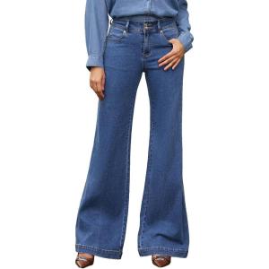imageEVALESS Womens Jeans High Waisted Wide Leg Stretchy Baggy Denim Pants with DualButton ClosureDark Blue