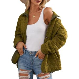 imageEVALESS Womens Lightweight Diamond Quilted Jacket Casual Winter Open Front Button Down Puffer Coat Outwear CardiganD Jungle Green