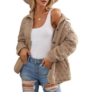 imageEVALESS Womens Lightweight Diamond Quilted Jacket Casual Winter Open Front Button Down Puffer Coat Outwear CardiganD Parchment