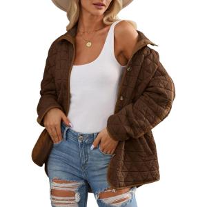 imageEVALESS Womens Lightweight Diamond Quilted Jacket Casual Winter Open Front Button Down Puffer Coat Outwear CardiganE Brown
