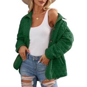 imageEVALESS Womens Lightweight Diamond Quilted Jacket Casual Winter Open Front Button Down Puffer Coat Outwear CardiganE Green