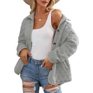 imageEVALESS Womens Lightweight Diamond Quilted Jacket Casual Winter Open Front Button Down Puffer Coat Outwear CardiganE Light Grey
