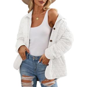 imageEVALESS Womens Lightweight Diamond Quilted Jacket Casual Winter Open Front Button Down Puffer Coat Outwear CardiganE Pure White