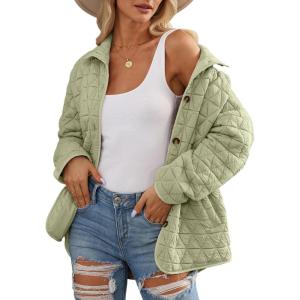 imageEVALESS Womens Lightweight Diamond Quilted Jacket Casual Winter Open Front Button Down Puffer Coat Outwear CardiganE Smoke Green