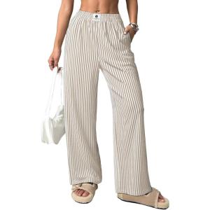 imageEVALESS Womens Striped Pants 2025 Comfy High Waist Wide Leg Lounge Pants Y2K Casual Lightweight PJ Bottoms with PocketsBeige Stripe