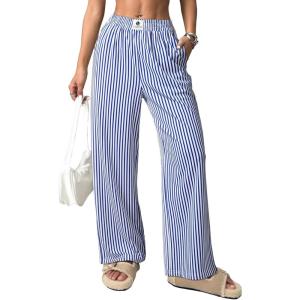 imageEVALESS Womens Striped Pants 2025 Comfy High Waist Wide Leg Lounge Pants Y2K Casual Lightweight PJ Bottoms with PocketsBlue Stripe