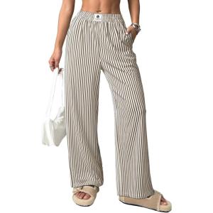imageEVALESS Womens Striped Pants 2025 Comfy High Waist Wide Leg Lounge Pants Y2K Casual Lightweight PJ Bottoms with PocketsBrown Stripe