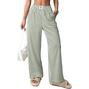 imageEVALESS Womens Striped Pants 2025 Comfy High Waist Wide Leg Lounge Pants Y2K Casual Lightweight PJ Bottoms with PocketsGreen Stripe