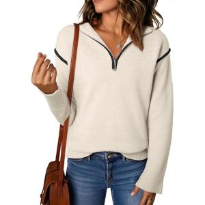 imageEVALESS Womens Sweaters V Neck Long Sleeve Quarter Zip Collared Ribbed Knit Dressy Casual Pullover Sweaters OutfitsBeige