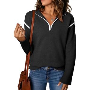 imageEVALESS Womens Sweaters V Neck Long Sleeve Quarter Zip Collared Ribbed Knit Dressy Casual Pullover Sweaters OutfitsBlack