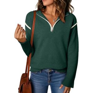 imageEVALESS Womens Sweaters V Neck Long Sleeve Quarter Zip Collared Ribbed Knit Dressy Casual Pullover Sweaters OutfitsBlackish Green