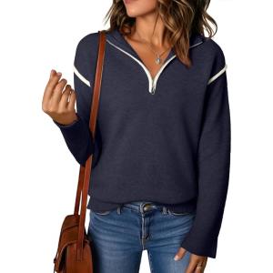imageEVALESS Womens Sweaters V Neck Long Sleeve Quarter Zip Collared Ribbed Knit Dressy Casual Pullover Sweaters OutfitsNavy Blue